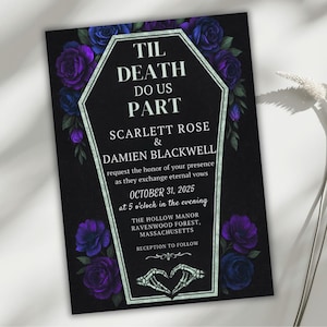 Gothic Hochzeitseinladung Vorlage Karte, bis der Tod uns scheidet, Halloween Hochzeit in Sargform, dunkel violette Rosen Evite