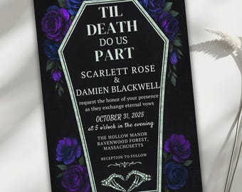 Gothic Wedding Invitation Template Card, Till Death Do Us Part, Halloween Coffin Shaped Wedding Canva Invite, Dark Floral Purple Roses Evite