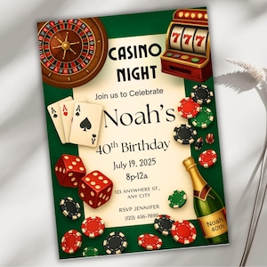 Invitación a una noche de casino, plantilla editable de Canva, tarjeta para fiesta temática de Las Vegas, cumpleaños o evento corporativo, invitación de jubilación con descarga digital