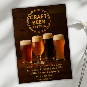 May include: A promotional flyer for a craft beer tasting event. The flyer features four glasses of beer with varying colors and foam. The text "Craft Beer Tasting" is in a gold seal. Additional text includes event details.