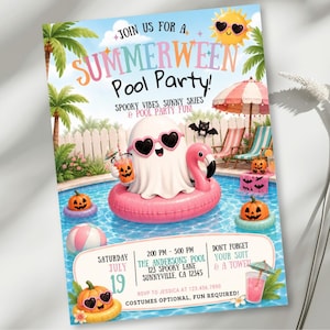May include: A Summerween Pool Party invitation flyer featuring a white ghost wearing heart-shaped sunglasses in a pink flamingo floatie. The design includes palm trees, a sun, pumpkins, and text detailing the event on Saturday, July 19, at The Andersons' Pool, 123 Spooky Lane, Sunnyville, CA 12345.