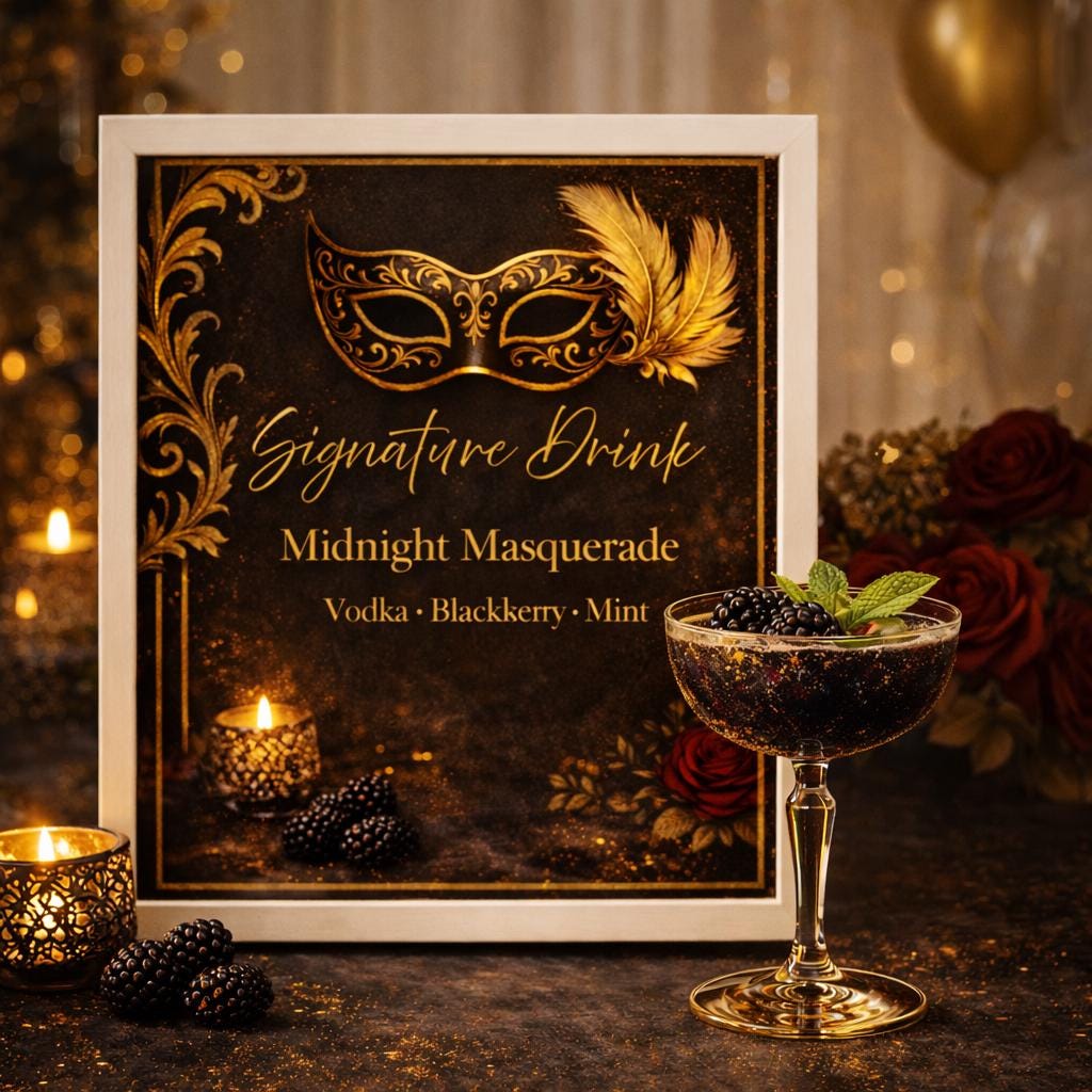 Masquerade Signature Drink Sign, Masquerade Party Decor, Black and Gold ...