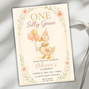 Convite de 1º aniversário para menina, modelo editável para festa Pink Goose, convite com tema de fazenda floral, convite fofo para aniversário de ganso