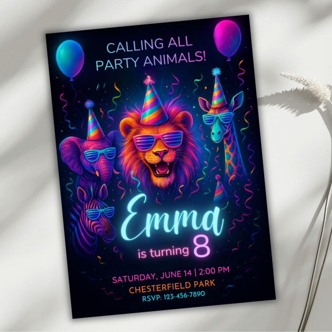 Invite Theme Party Animals Birthday Invitation | Neon Glow Safari Party | Editable ...