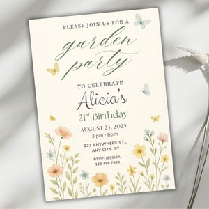 Convite para festa no jardim, convite floral de aniversário para qualquer idade, modelo editável do Canva, cartão para brunch de primavera com flores silvestres, download digital