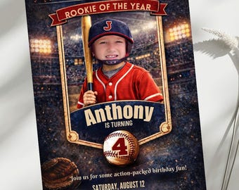 Baseball Birthday Invitation Photo | Rookie of the Year Birthday | All Star Baseball Party | Kids Sports Invite | Editable Canva Template