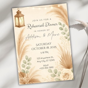 Faire-part de répétition bohème rustique, carte modèle herbe de la pampa, dîner de mariage à la ferme modifiable, invitation imprimable à télécharger