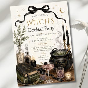 May include: A Witch's Cocktail Party invitation card featuring a black ribbon, a steaming black cauldron, potion bottles, a Book of Spells, and a cocktail glass. The text includes event details, date October 25, 2026, and location The Wicked Cauldron.