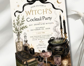 May include: A Witch's Cocktail Party invitation card featuring a black ribbon, a steaming black cauldron, potion bottles, a Book of Spells, and a cocktail glass. The text includes event details, date October 25, 2026, and location The Wicked Cauldron.