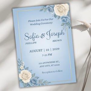 Invitación azul marfil y dorada, elegante plantilla de Canva para ceremonias, tarjeta de invitación romántica editable para eventos, descarga digital floral imprimible