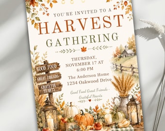Harvest Gathering Invitation, Editable Fall Harvest Party Invite, Autumn Festival Invitation, Harvest Dinner Invite, Canva 5x7 Template