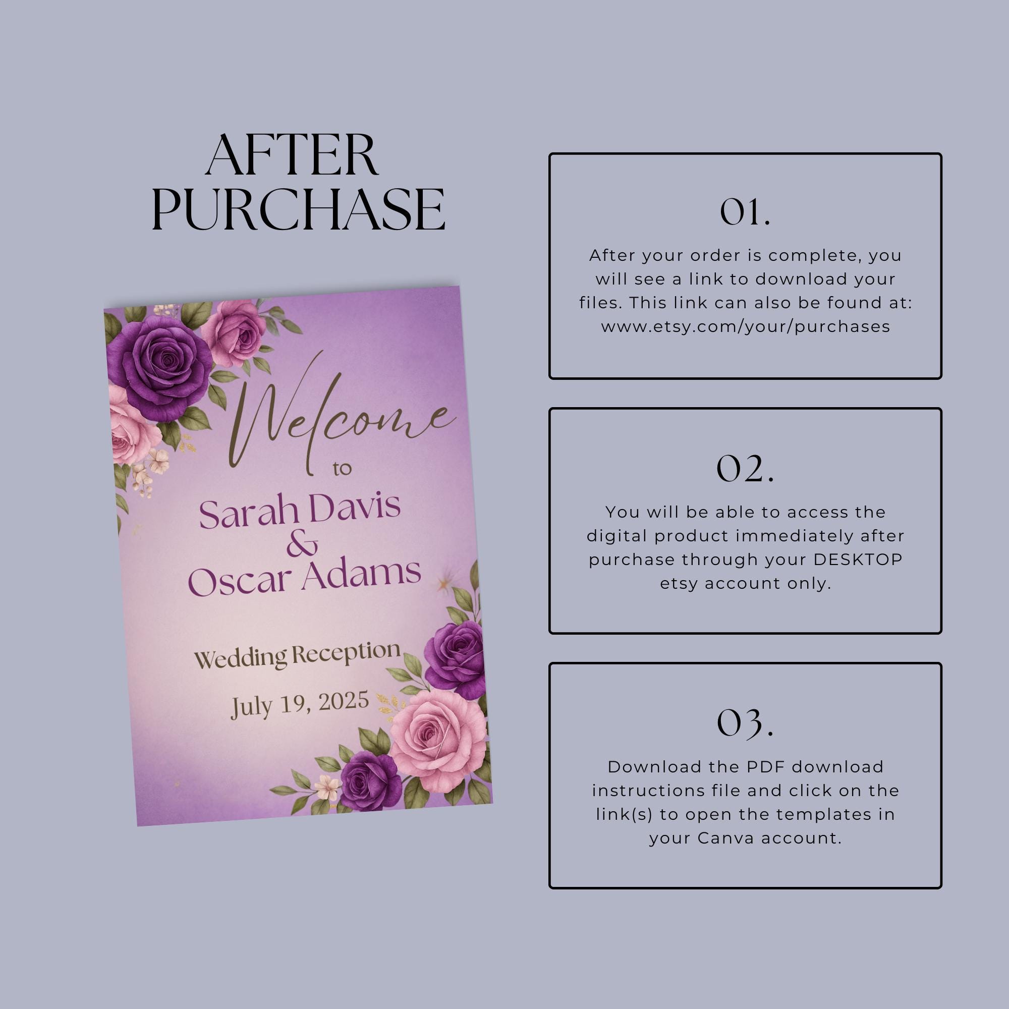 Purple Floral Wedding Welcome Sign 18x24, Editable Canva Template, Boho ...
