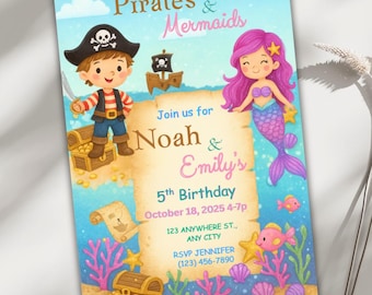 Op de afbeelding: Een kleurrijke uitnodiging met de tekst "Pirates & Mermaids" toont een cartoon piraat, een zeemeermin en een schatkist. De uitnodiging is voor Noah & Emily's 5e verjaardag, met datum, tijd en RSVP-informatie.