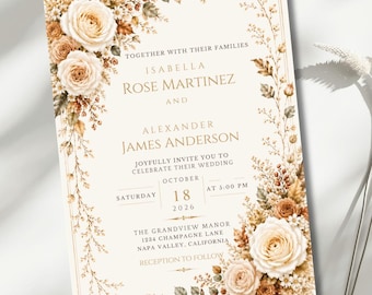 Fall Wedding Invitation Template, Autumn Wedding Invite, Champagne Rose Wedding Editable 5x7 Canva Invitation, Luxury Garden Wedding