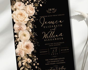 Black Wedding Invitation, Elegant Black Gold Wedding Invite, Luxury Floral Wedding Invitation, Editable 5x7 Canva Template