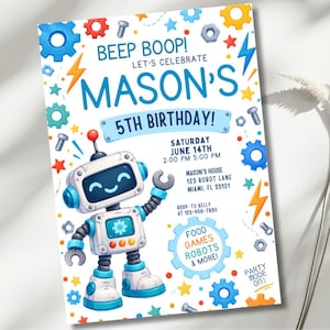 Inbjudan till robotfödelsedag, redigerbar robotfestinbjudan, söta pojkars födelsedagskalas på canvas, Beep Boop barnfödelsedagskalas, utskrivbar 5x7