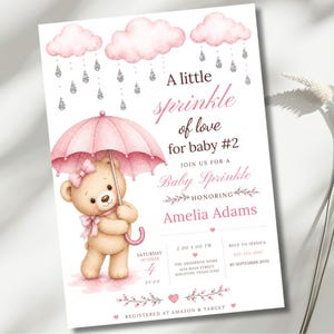 Girl Baby Sprinkle Invitation, Baby Sprinkle Invitation, 2nd Baby Shower Invitation, Pink Umbrella Teddy Bear, Editable Canva 5x7 Template