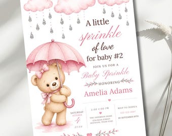 Girl Baby Sprinkle Invitation, Baby Sprinkle Invitation, 2nd Baby Shower Invitation, Pink Umbrella Teddy Bear, Editable Canva 5x7 Template