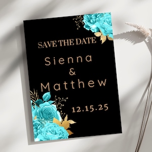 Teal Save the Date Invitation Digital, Editable Wedding Printable Canva Template, Instant Download, Blue and Gold Customizable Design