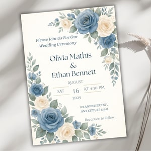 Dusty Blue Einladung Vorlage, Ivory Floral Canva einladen, Elegante Schiefer Zeremonie Karte Evite, bearbeitbarer digitaler Download, blaues Hochzeitsthema