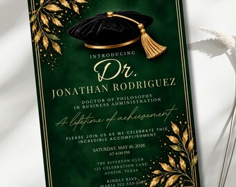 Doctorate Graduation Invitation, PhD Graduation Party Invite, Doctoral Graduation Invitation, Editable Canva Template, Green Gold
