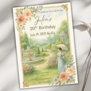 Convite para festa no jardim, design de modelo editável do Canva, convite vintage floral para aniversário ou chá de bebê, cartão elegante para impressão na primavera