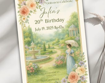 Garden Party Invitation, Editable Canva Template Design Evite, Vintage Floral Birthday or Shower Invite, Elegant Printable Spring Card