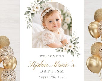 Christening Welcome Board with Photo, Baptism Welcome Sign, Editable Catholic Baptism Canva Template, Baby Christening Decor