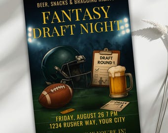 Invitación a la noche del draft de fantasía, invitación a la fiesta del draft de fútbol, plantilla editable de Canva, noche de chicos, fiesta de selecciones del draft, invitación al día del partido