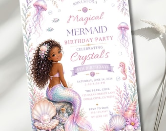 Mermaid Birthday Invitation, Under the Sea Party Invite, Editable 5x7 Canva Template, Ocean Birthday Theme, Girls Party, Pastel Watercolor