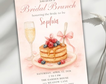 d'invitation pour un brunch nuptiale | Toile d'invitation rose pâle | Conception de crêpes et champagne | Carte de mariée modifiable