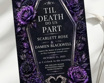 Gothic Wedding Invitation, Til Death Do Us Part Invite, Purple Coffin Wedding Editable 5x7 Canva Template