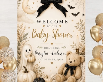 Halloween Baby Shower Welcome Sign, Little Boo Is Almost Due, Neutral Ghost Baby Shower Editable 18x24 Canva Sign, October Baby Shower Decor