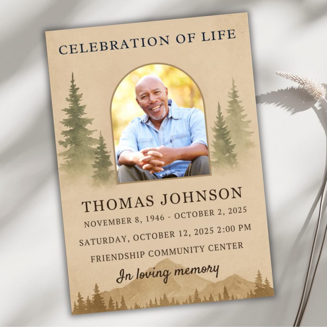 Rustic Celebration of Life Invitation Template for Him, Mountain Forest ...