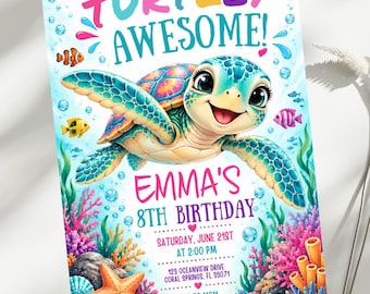 Sea Turtle Birthday Invitation, Under the Sea Party Invite, Turtley Awesome Ocean Birthday, Editable 5x7 Canva Template