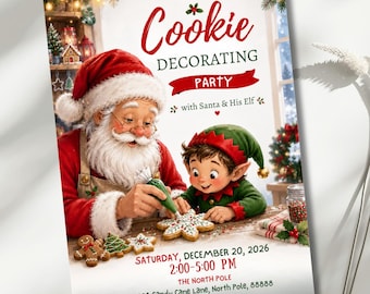 Christmas Cookie Decorating Party Invitation, Kids Christmas Birthday Invite, Santa Party Invite, North Pole, Editable Canva Template