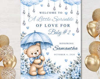 Teddy Bear Baby Shower Sign, Baby Sprinkle Welcome Sign, Little Sprinkle of Love, Editable Canva Template, Baby #2 Decor