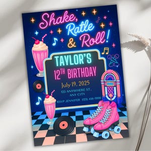 Convite de aniversário dos anos 1950, modelo editável para festa de jantar retrô no Canva, festa de patinação no gelo Sock Hop, download digital de aniversário de menina