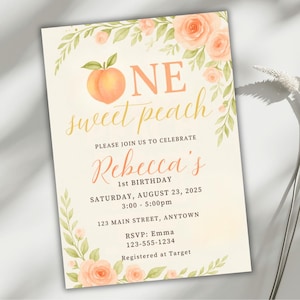 One Sweet Pfirsich 1. Geburtstagseinladung Mädchen, bearbeitbare Pfirsich-Geburtstagsvorlage, Sommer erste Geburtstagsfeier laden Canva ein, Obst-Thema Evite