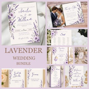 May include: A wedding stationery bundle featuring cream-colored paper with purple lavender floral illustrations. Includes a wedding invitation, thank you card, seating chart, signature drink sign, table number, menu, and welcome sign with elegant blue text.