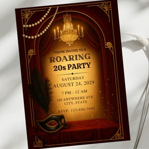 Roaring 20s Party Invitation, Gatsby Birthday Invite, 1920s Speakeasy Printable, Masquerade Art Deco Template Evite, Vintage Party Decor