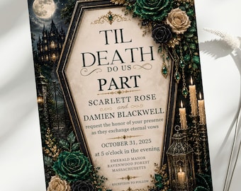 Emerald Gothic Wedding Invitation, Til Death Do Us Part Invite, Dark Romance Editable 5x7 Canva Wedding Invitation