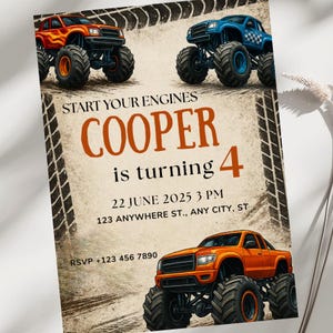 Monster Truck Invitation, Editable Kids Birthday Invite, Digital Download, Fun Monster Truck Party Canva Template Evite, Boys Printable Card