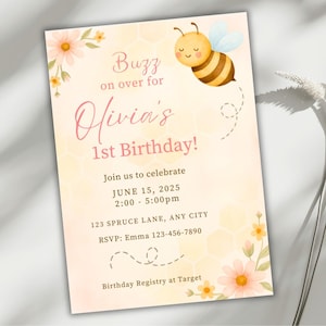Convite de aniversário de abelha para menina, convite de 1º aniversário Buzz On Over, modelo editável do Canva, festa Sweet One para imprimir, download digital Evite