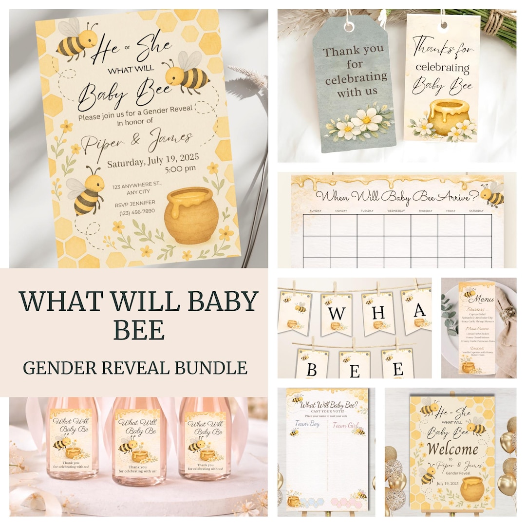 Baby Bee Gender Reveal Bundle, What Will Baby Bee Decorations Set, Baby ...