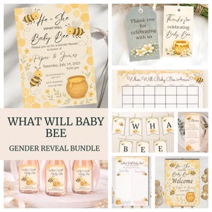 Puede incluir: Un paquete de revelación de género con tema de abeja. Incluye invitaciones, etiquetas, un calendario, una pancarta, menús, etiquetas de botellas y un letrero de bienvenida. El diseño presenta abejas, panales y el texto "What Will Baby Bee?"