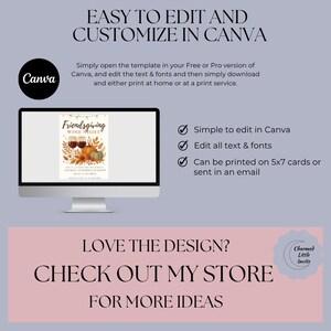 Puede incluir: Un monitor de computadora muestra una plantilla de invitaci&oacute;n Friendsgiving Wine Night. La imagen incluye el texto &laquo;F&aacute;cil de editar y personalizar en Canva&raquo;. El texto adicional incluye &laquo;&iquest;Te gusta el dise&ntilde;o? Echa un vistazo a mi tienda para m&aacute;s ideas&raquo;.