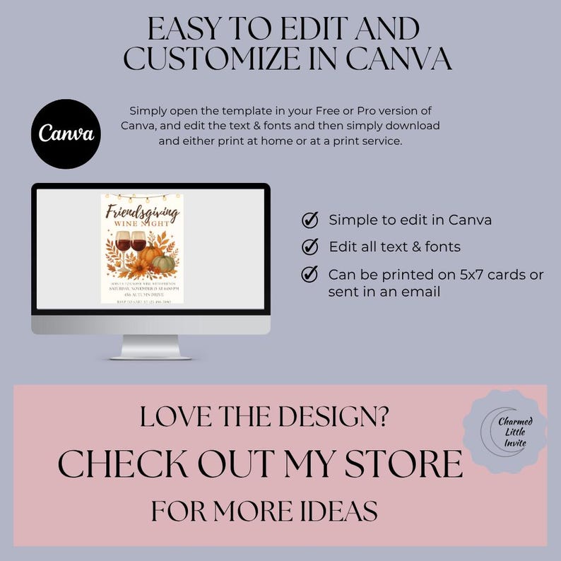 Puede incluir: Un monitor de computadora muestra una plantilla de invitaci&oacute;n Friendsgiving Wine Night. La imagen incluye el texto &laquo;F&aacute;cil de editar y personalizar en Canva&raquo;. El texto adicional incluye &laquo;&iquest;Te gusta el dise&ntilde;o? Echa un vistazo a mi tienda para m&aacute;s ideas&raquo;.
