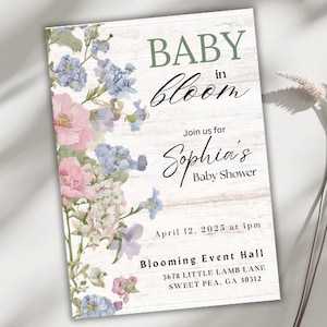 Invitación digital Baby in Bloom, invitación editable para baby shower con flores silvestres, plantilla floral para descarga instantánea, tarjeta personalizable para baby shower
