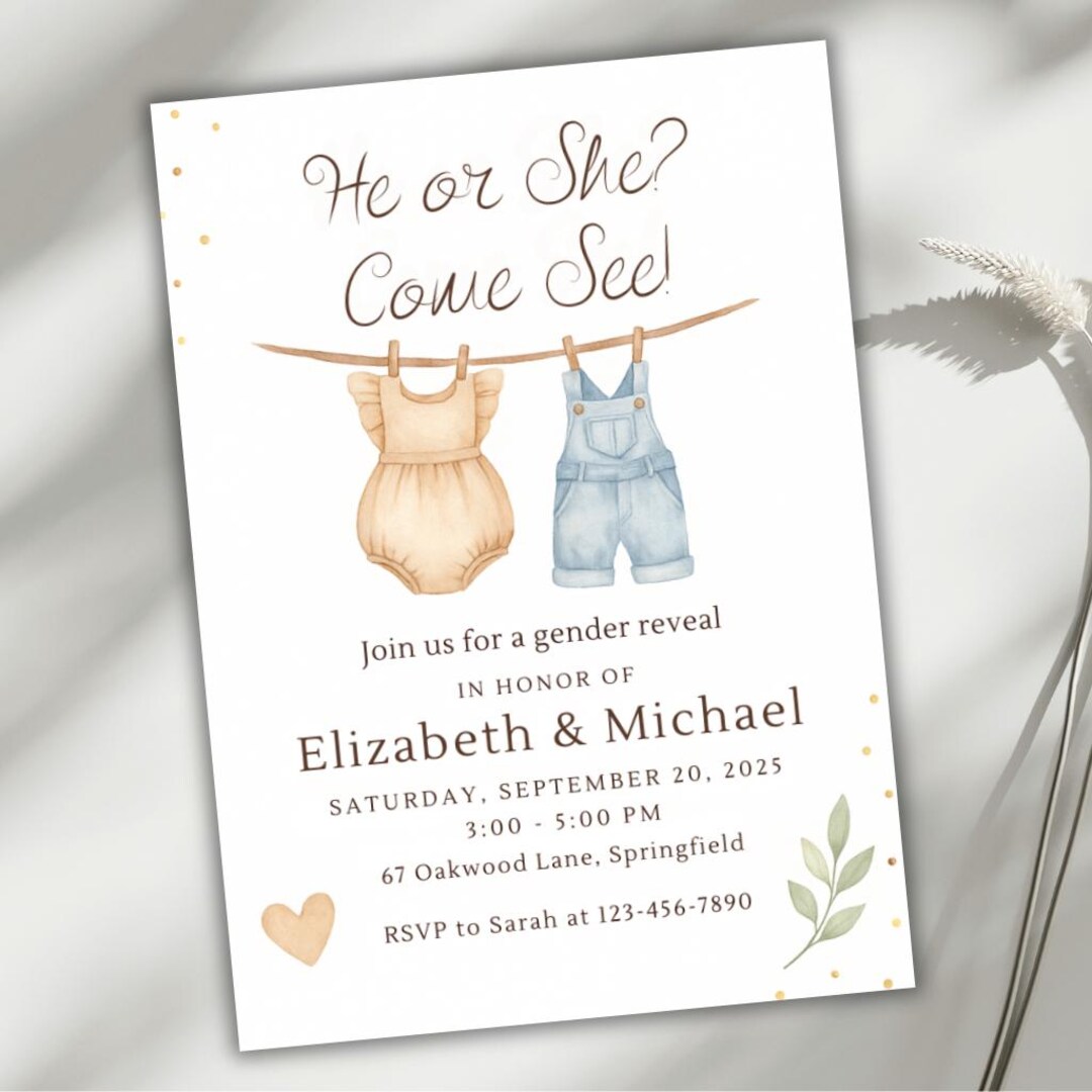He or She Invitation, Editable Gender Reveal Template, Baby Clothes ...